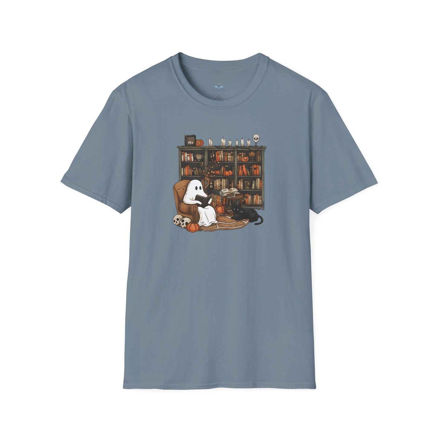 Blue t-shirt with a graphic of a ghost and black cat on a bookshelf.