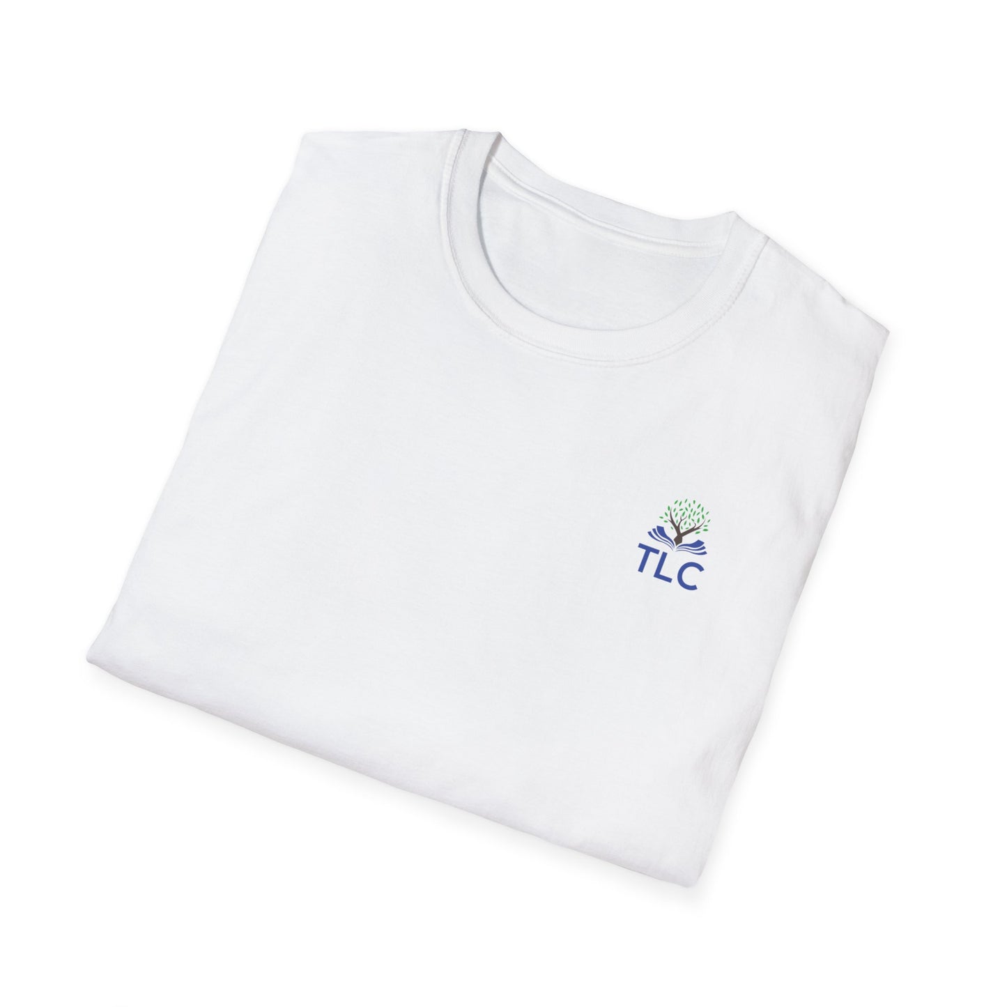 Folded white t-shirt with 'TLC' logo on a white background