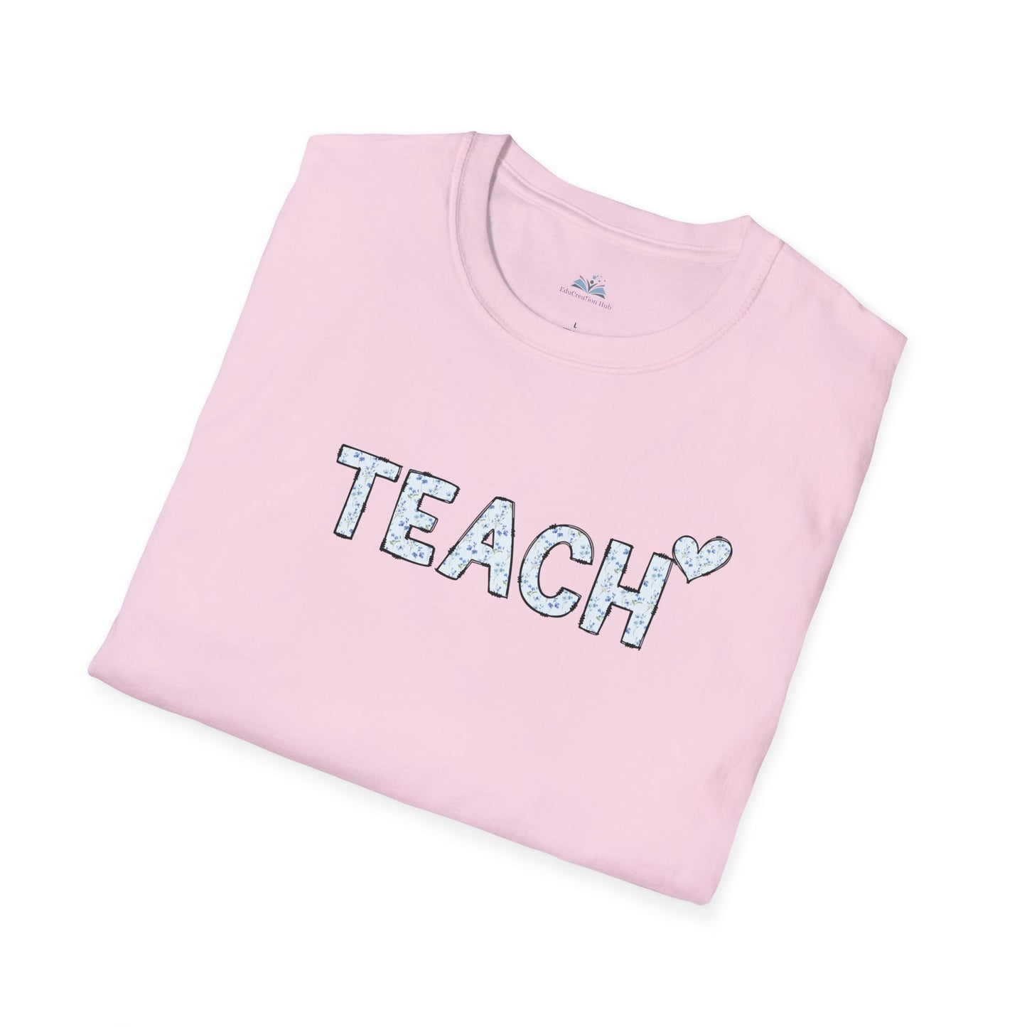 Pink t-shirt with 'TEACH' text on a white background