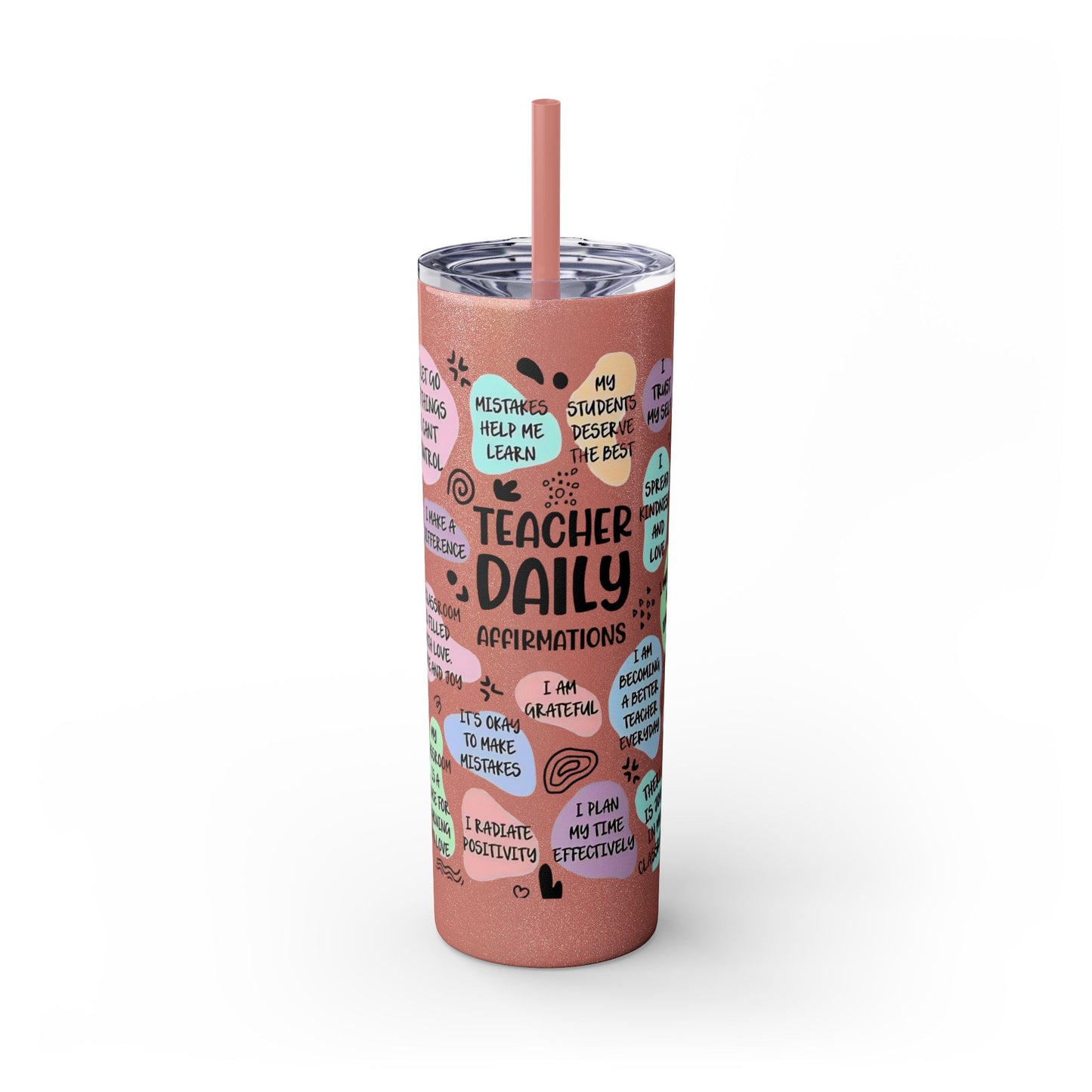 Tumbler with motivational phrases and a fox design on a white background