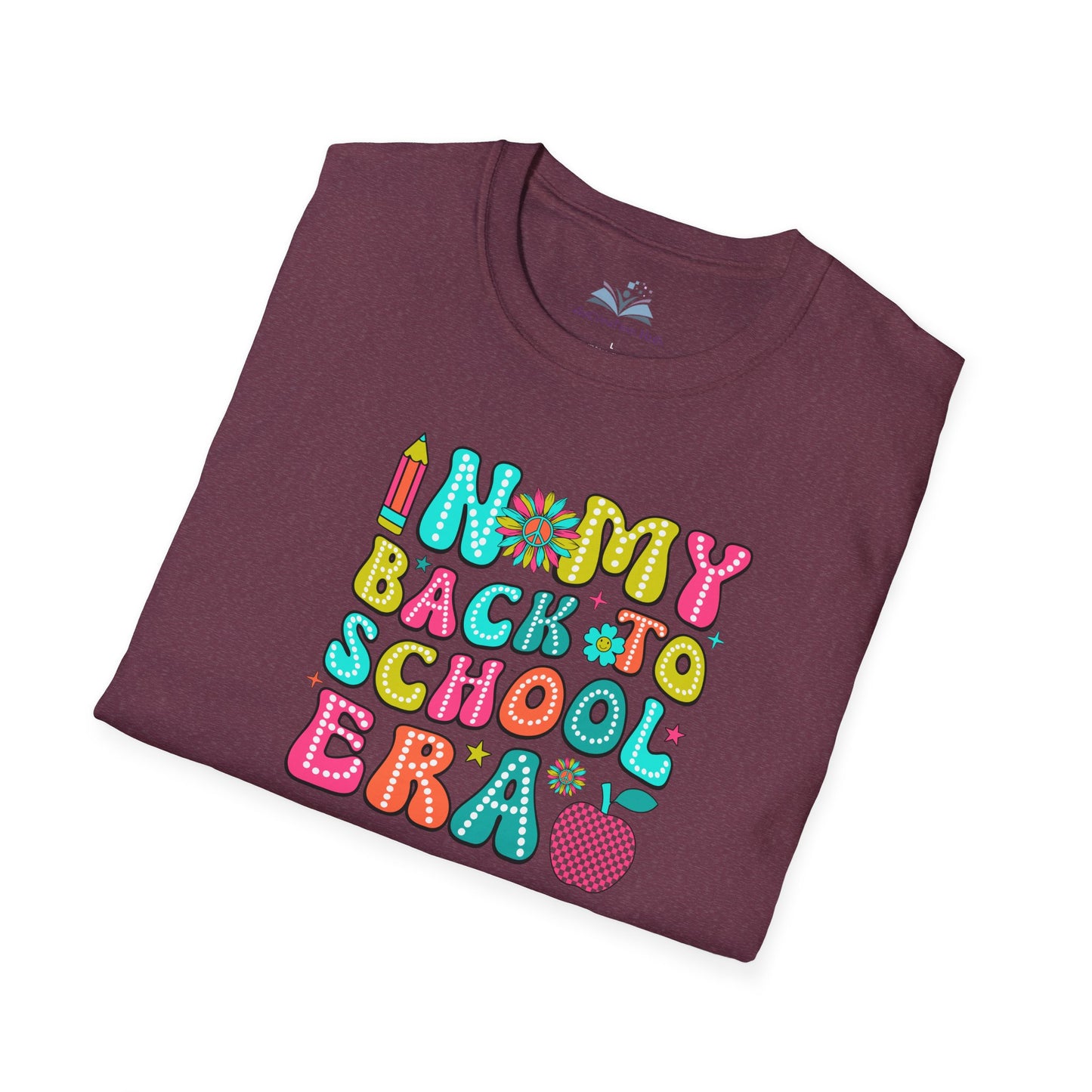 Folded maroon t-shirt with colorful 'My Back to School Era' text design on a white background