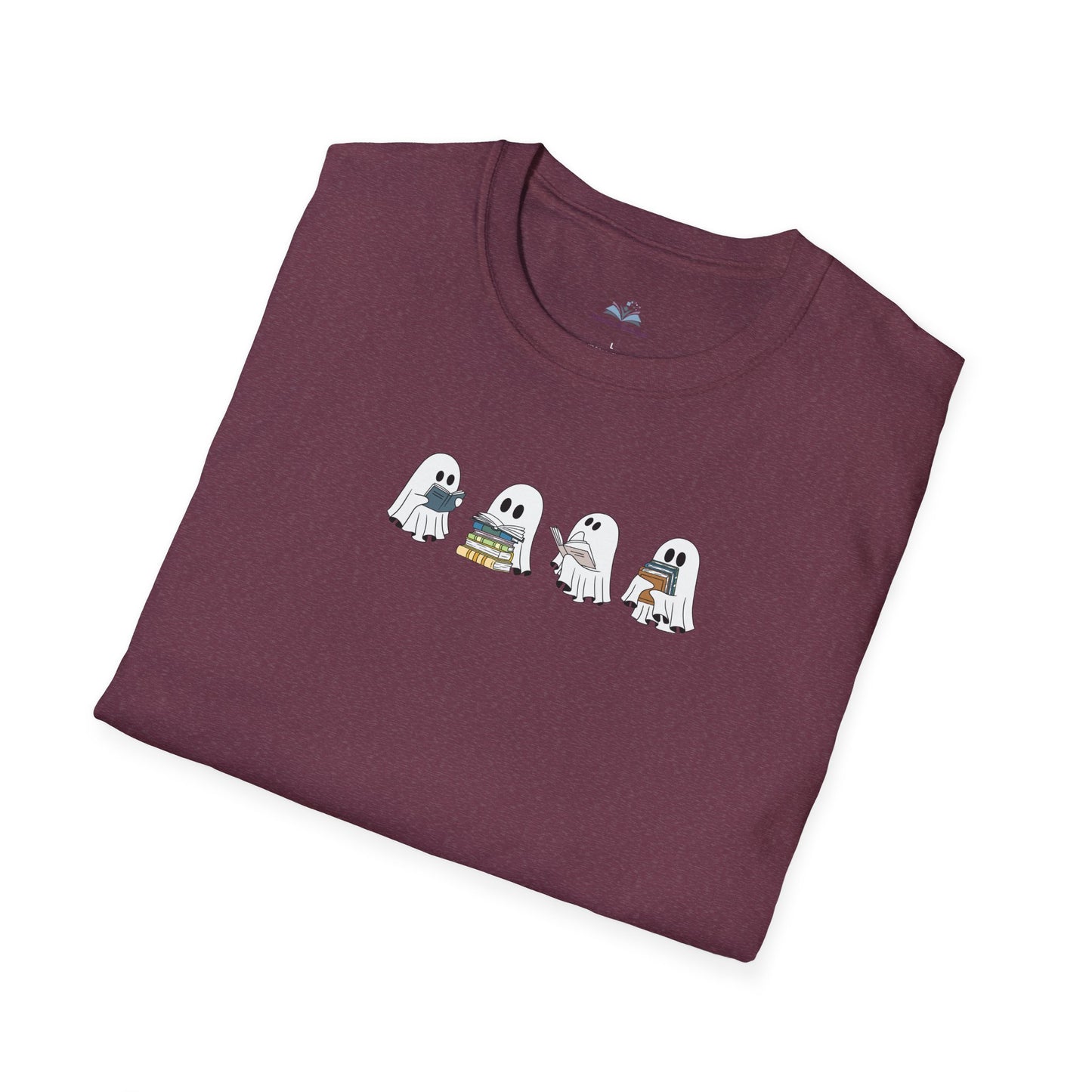 Folded maroon t-shirt with cartoon ghosts design on a white background