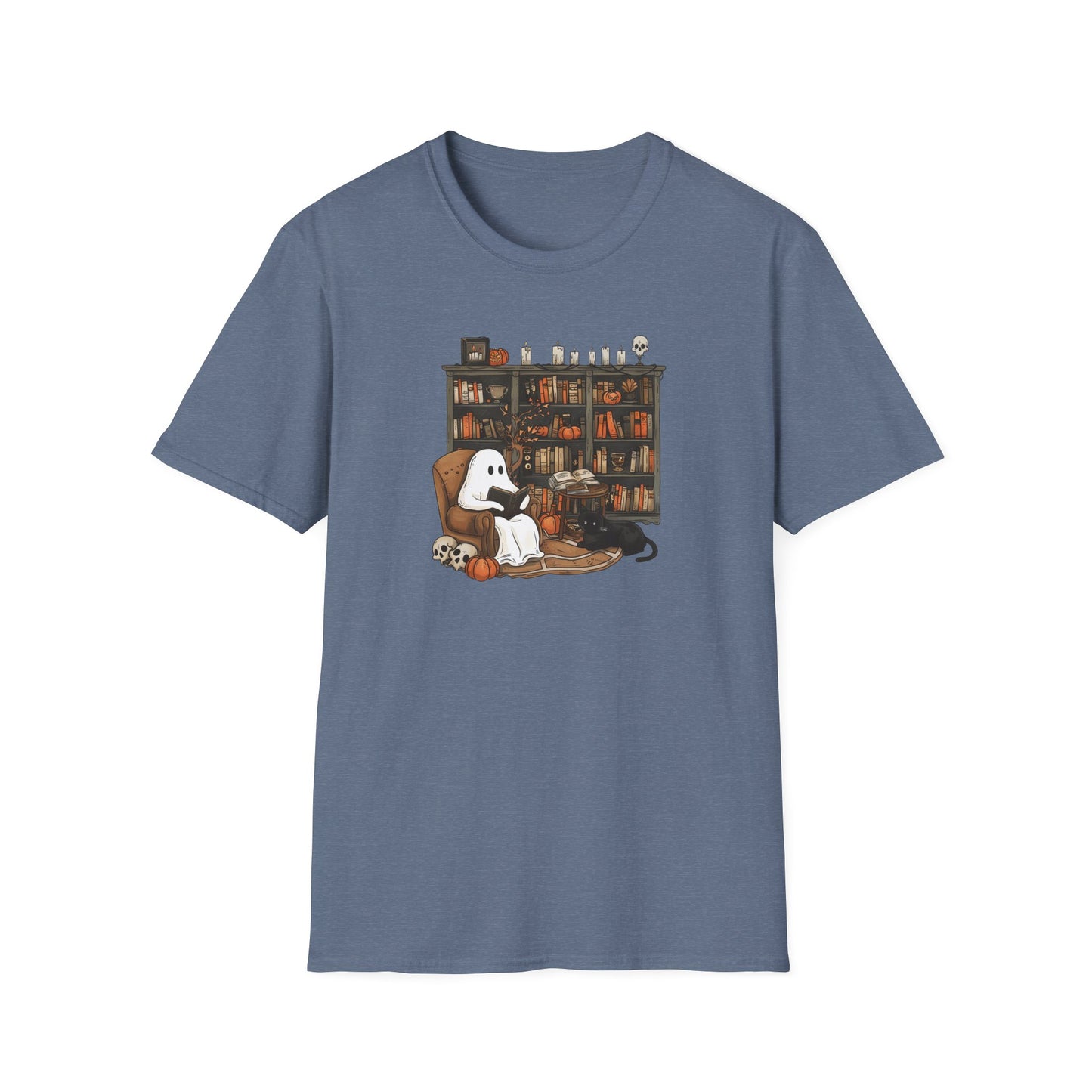 Blue t-shirt with a graphic of a ghost reading a book to a dog in a library setting.