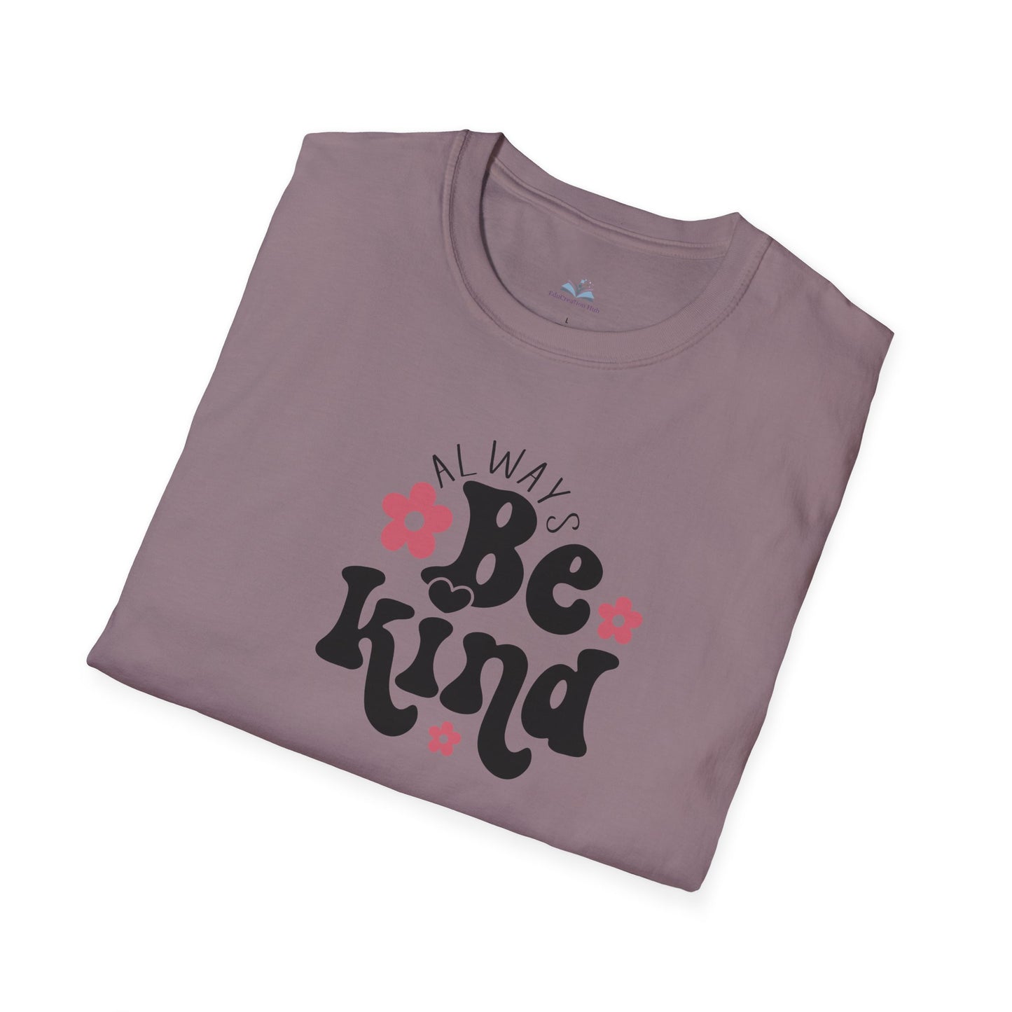 Folded purple t-shirt with 'Always Be Kind' text on a white background