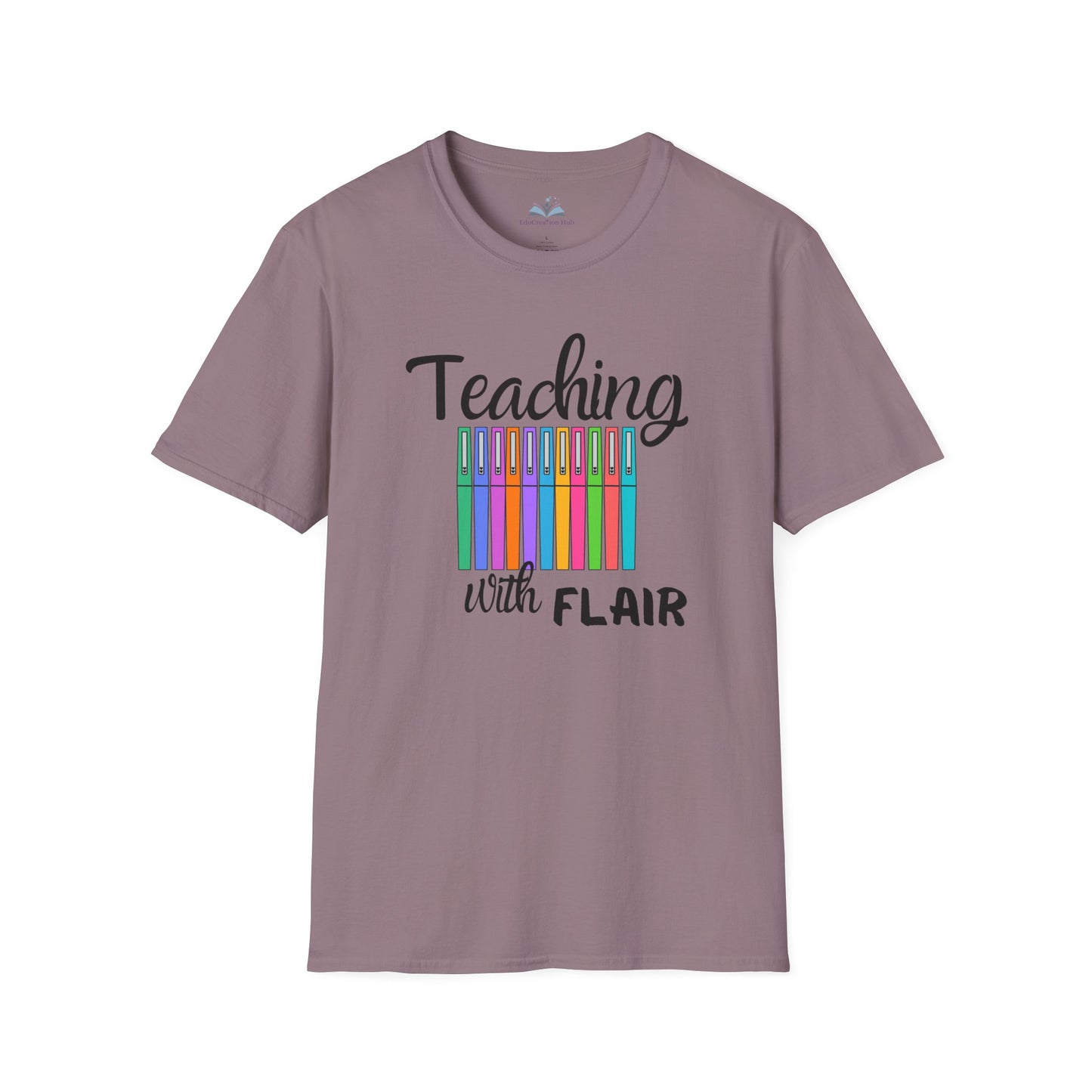 Purple t-shirt with 'Teaching with Flair' text and colorful pencils design on a white background