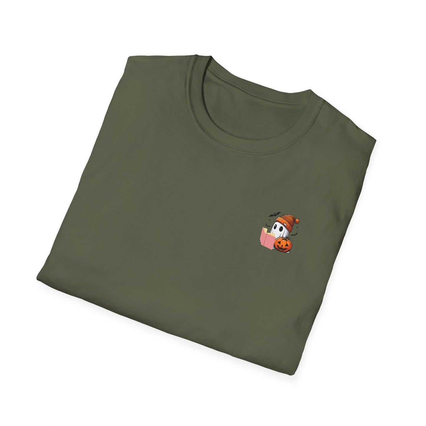 Folded green t-shirt with a small embroidered design on a white background