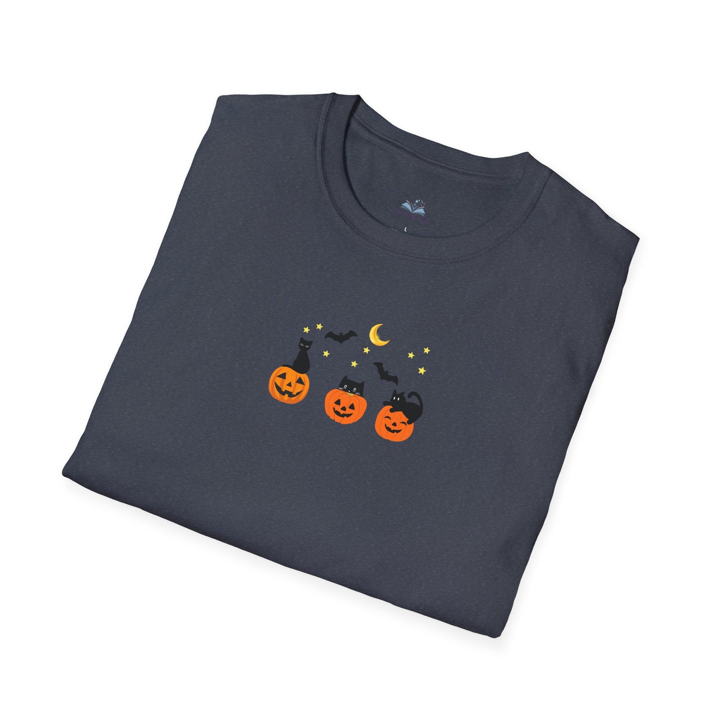 Folded dark gray t-shirt with Halloween design on a white background