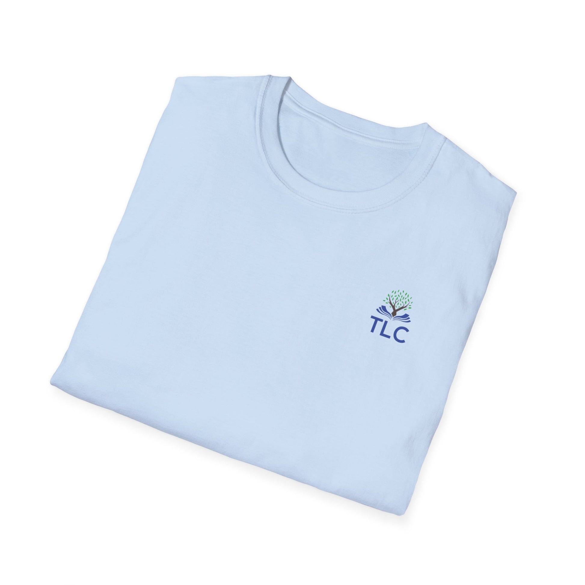Folded light blue t-shirt with 'TLC' logo on a white background