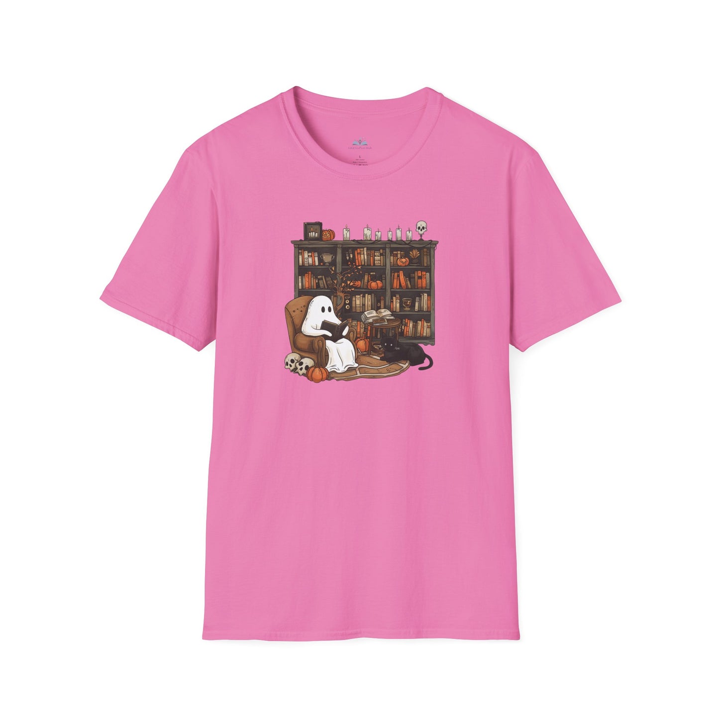 Pink t-shirt with a graphic of a ghost, cat, and dog in a library on a white background