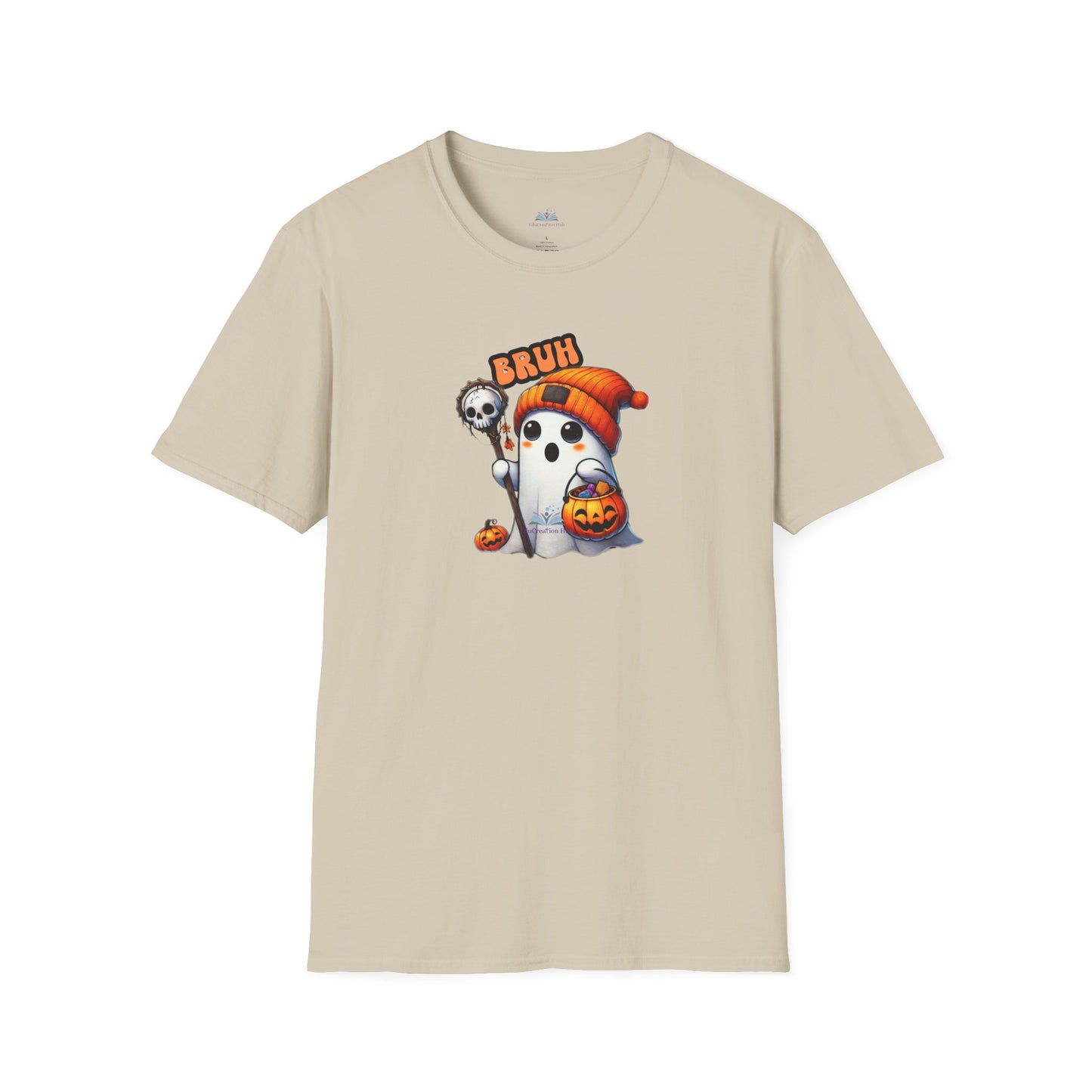 Beige t-shirt with a Halloween-themed graphic of a ghost and skull on a white background