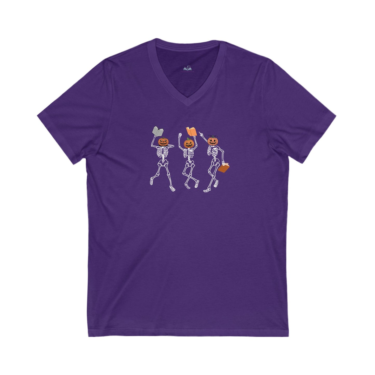 Purple t-shirt with skeleton design on a white background