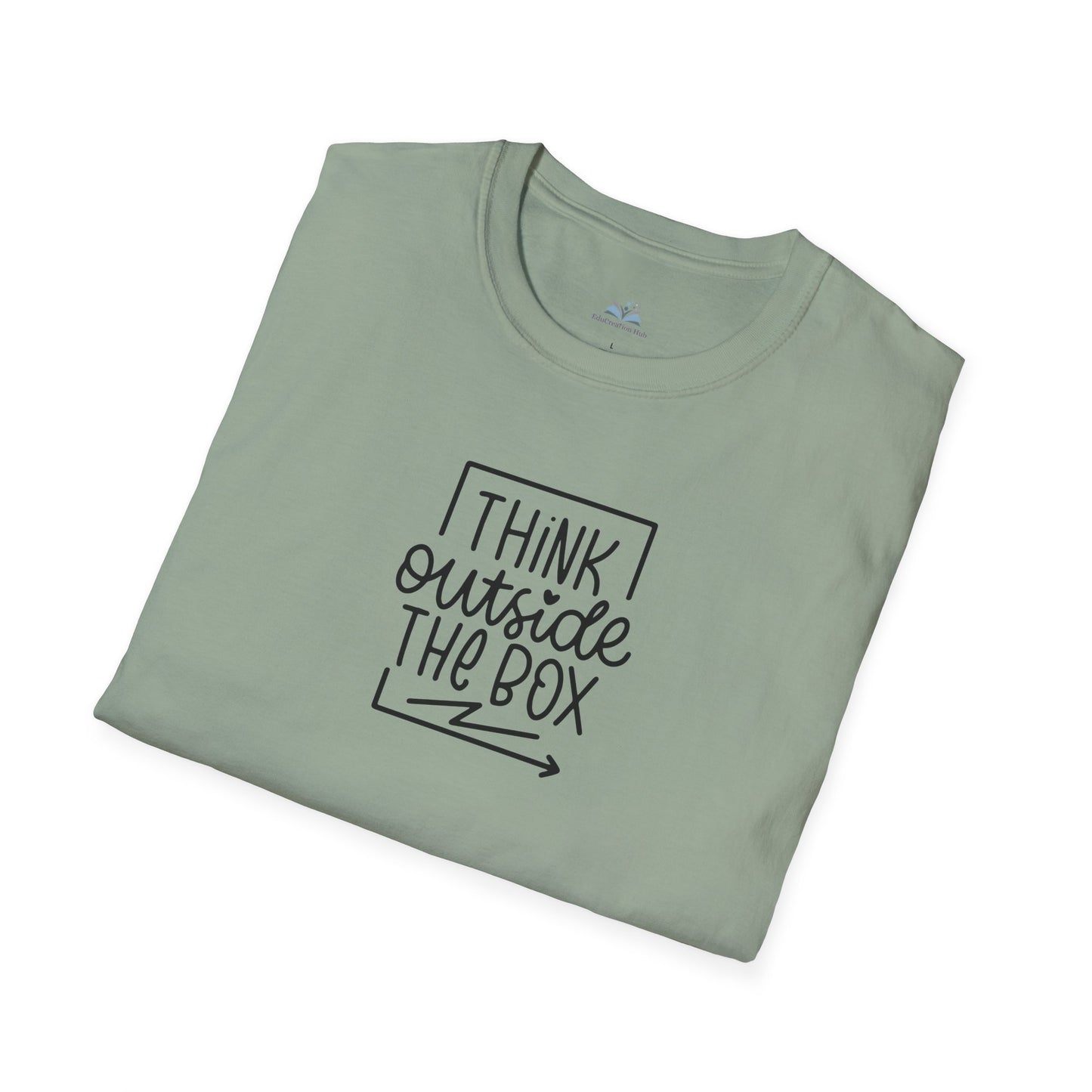 Folded light green t-shirt with 'I think outside the box' text on a white background