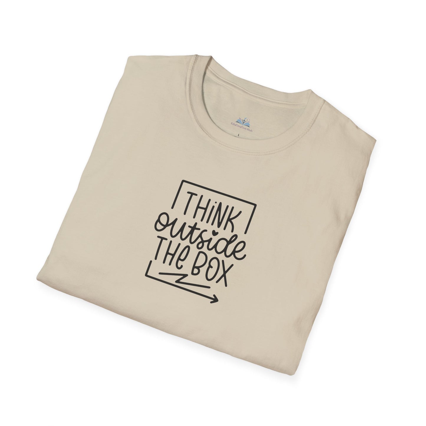 Beige t-shirt with 'I think outside the box' text on a white background
