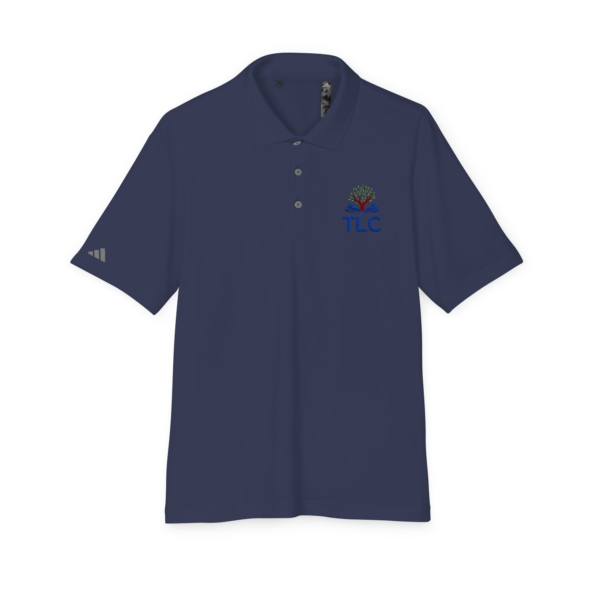 Navy blue polo shirt with a logo and 'TLC' text on a white background