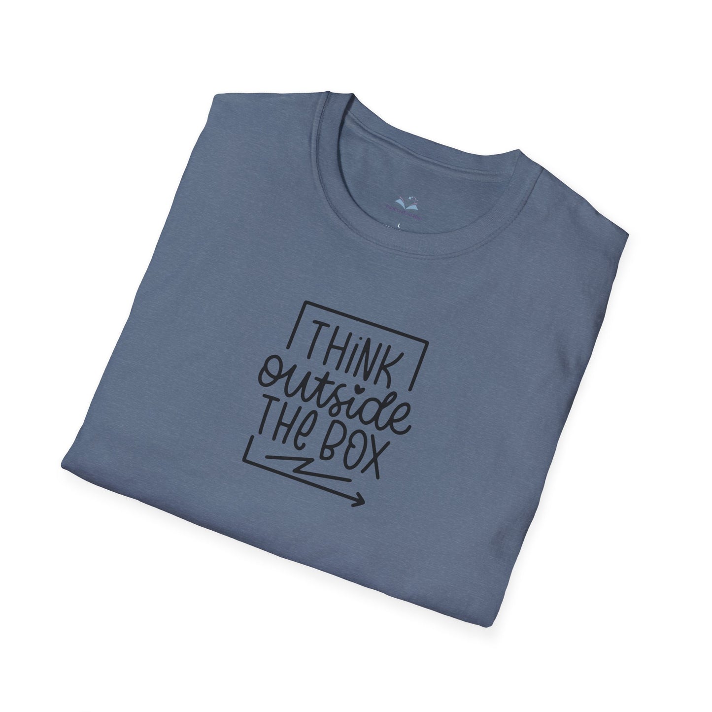 Folded blue t-shirt with 'I think outside the box' text on a white background