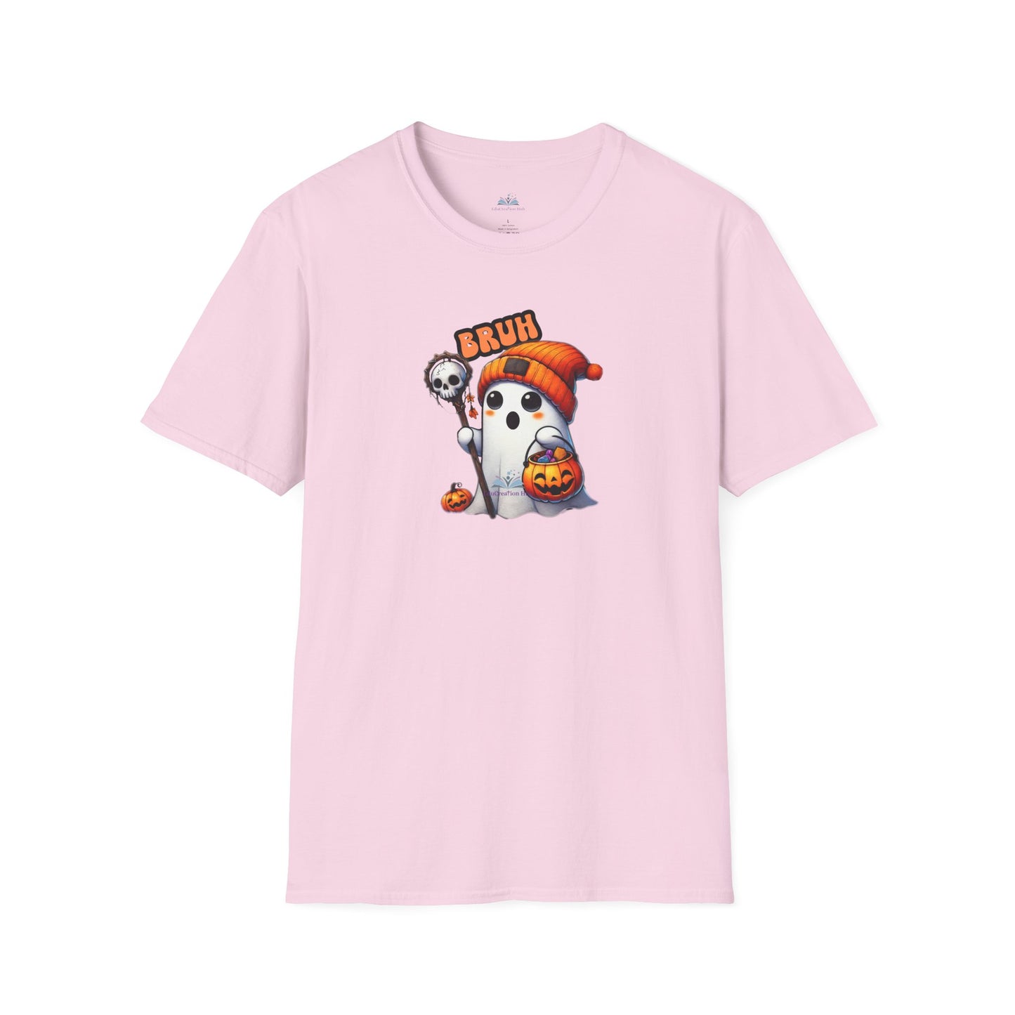 Pink t-shirt with a Halloween-themed graphic of a ghost and skull on a white background