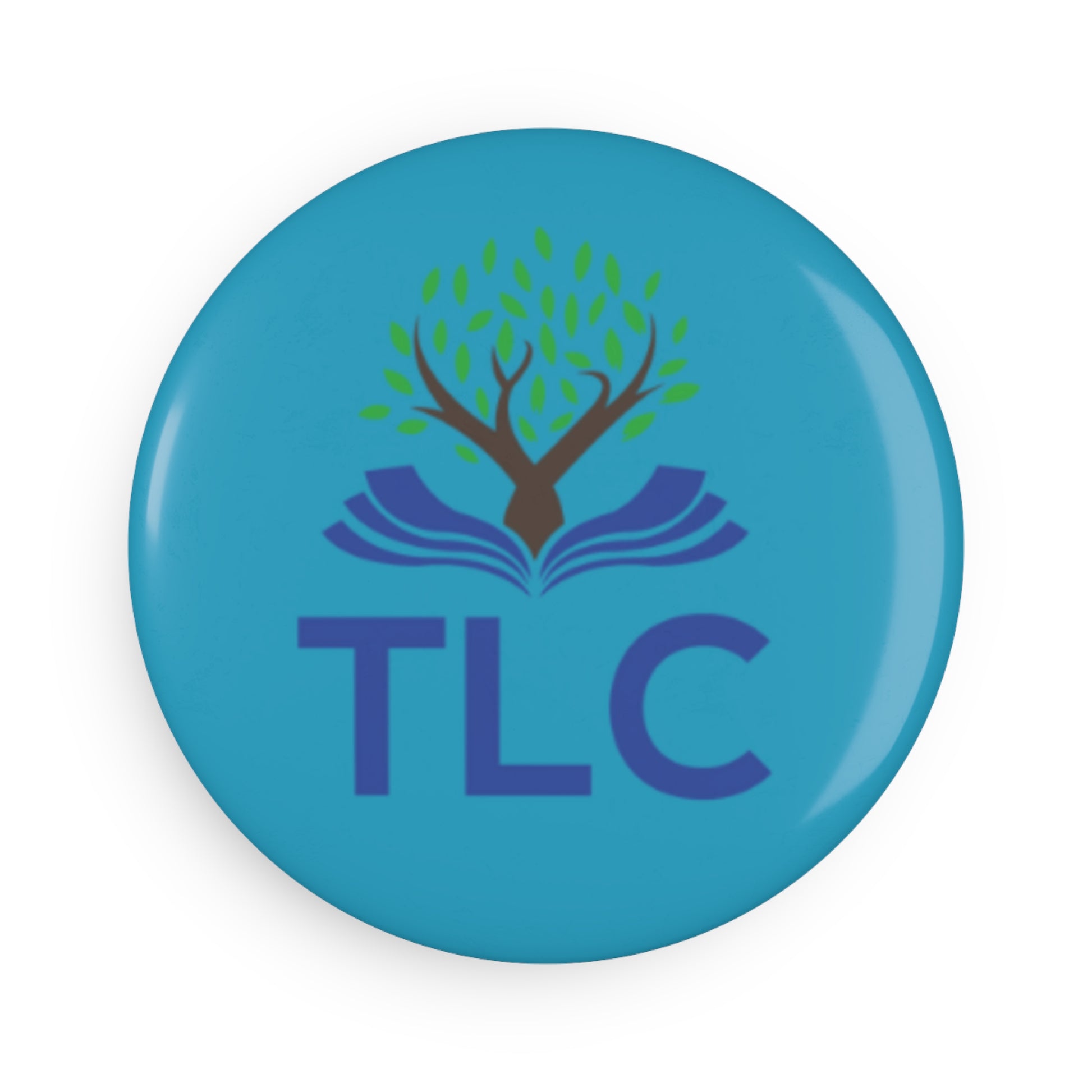 Round blue badge with 'TLC' and tree design on a white background