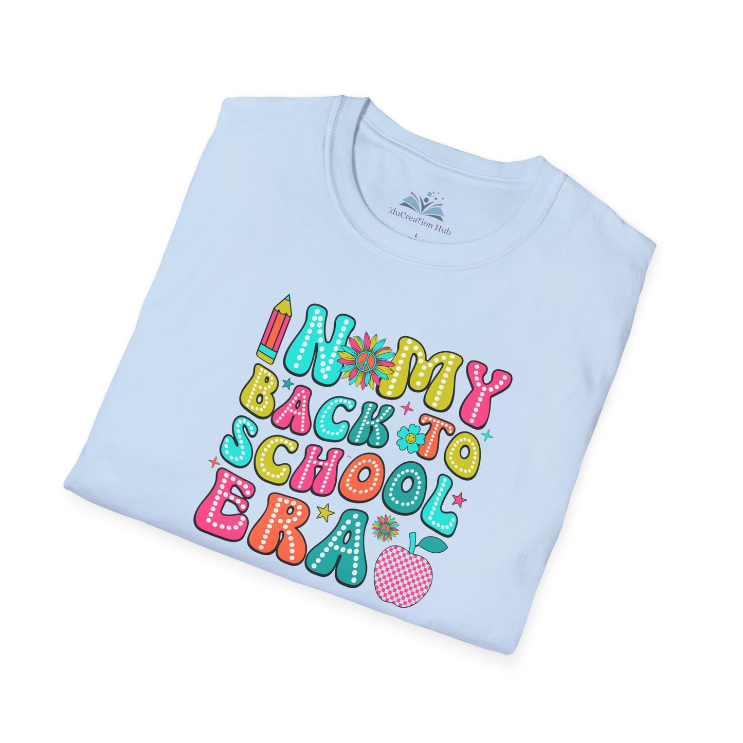 Light blue t-shirt with colorful 'Back to School' text design on a white background