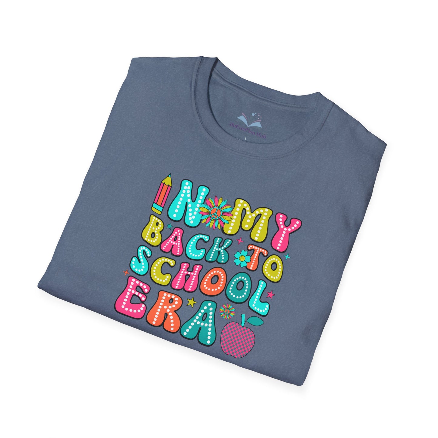 Folded blue t-shirt with colorful 'My Back to School Era' text design on a white background
