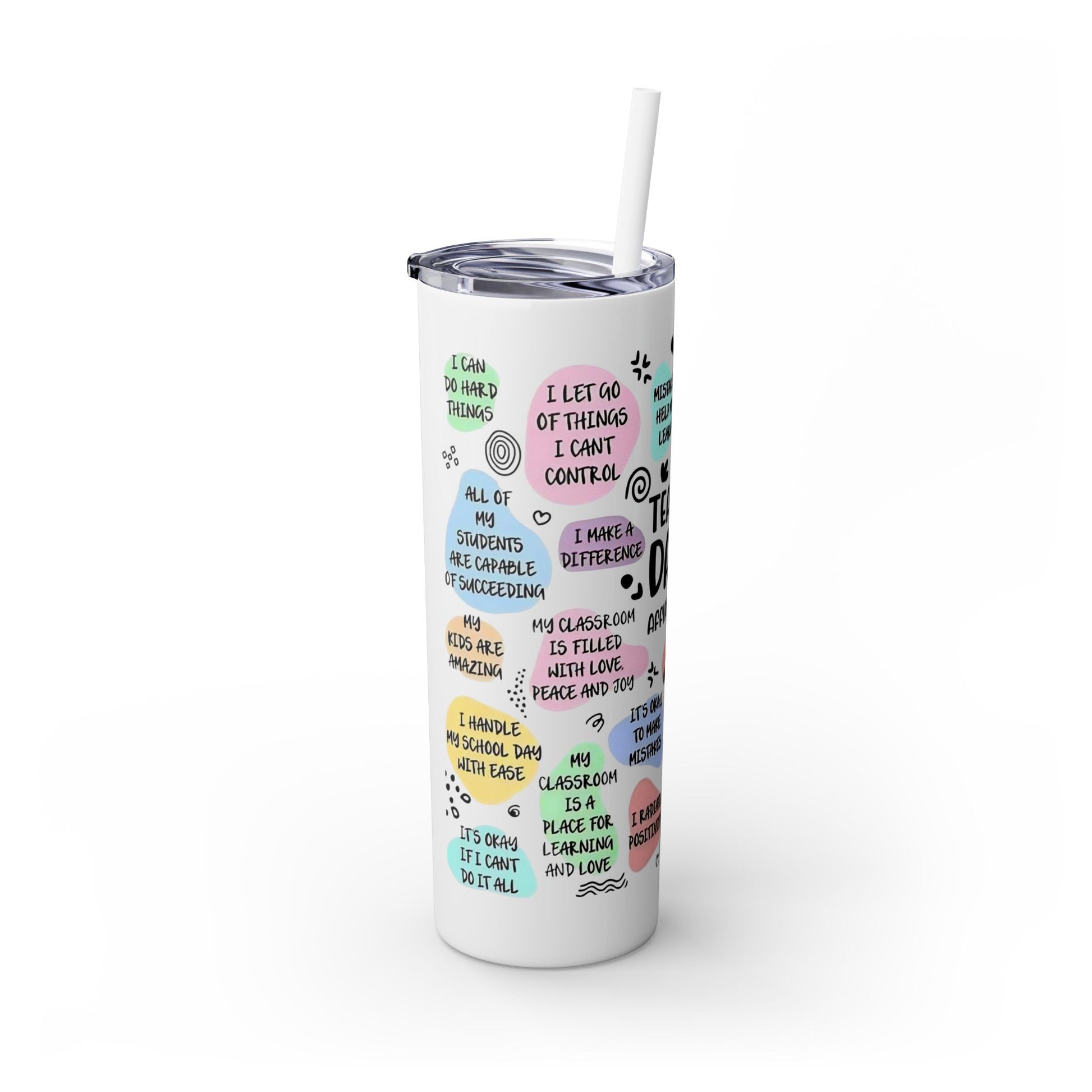 Tumbler with motivational quotes on a white background