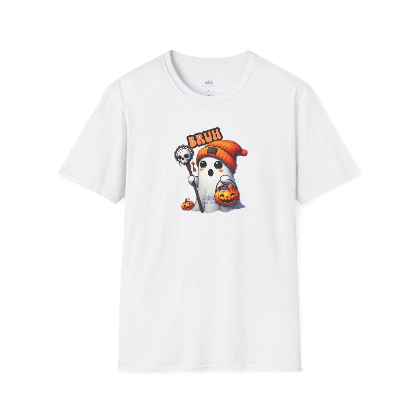 White t-shirt with a Halloween-themed graphic of a ghost and skull on a white background