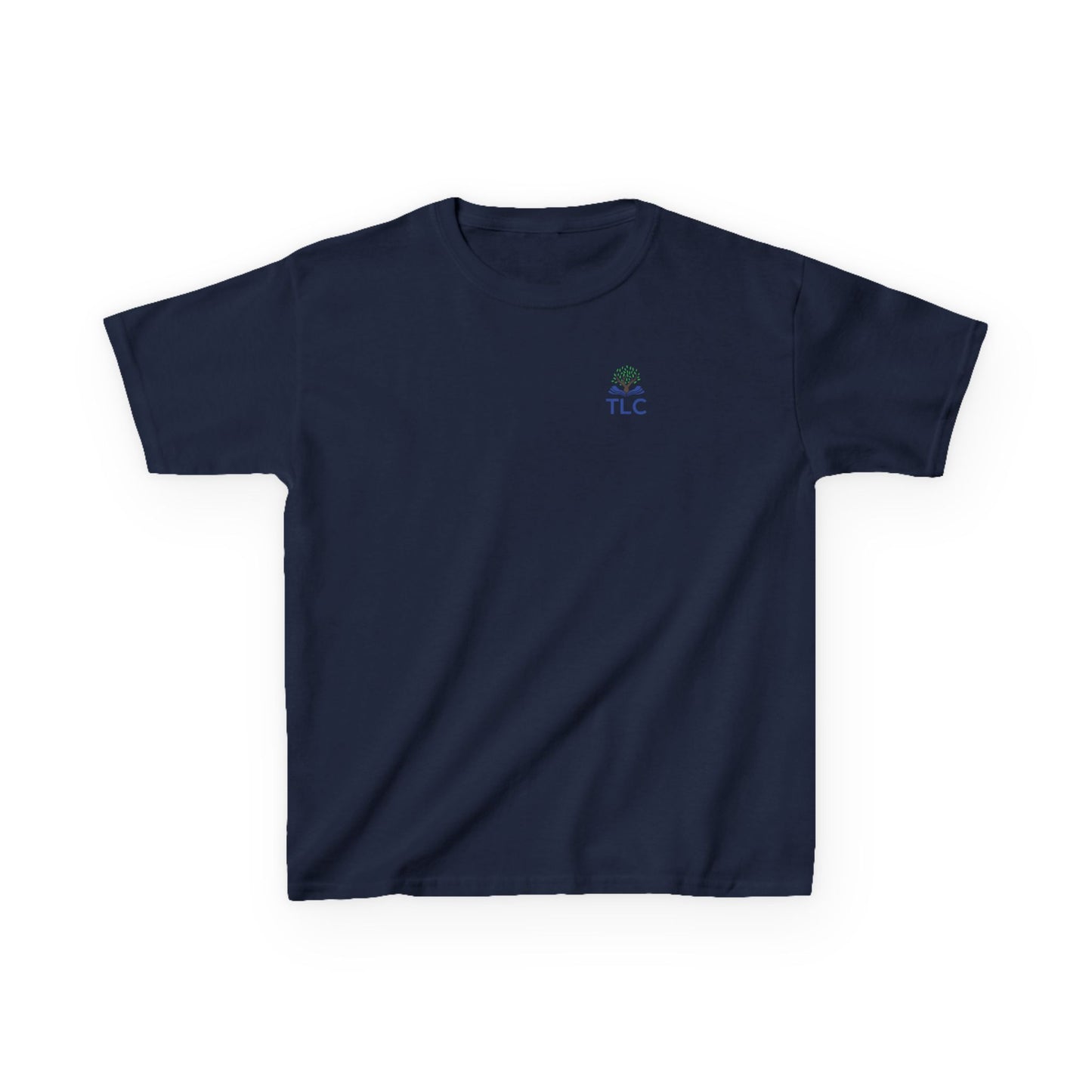 Navy blue t-shirt with a small logo on the chest against a white background