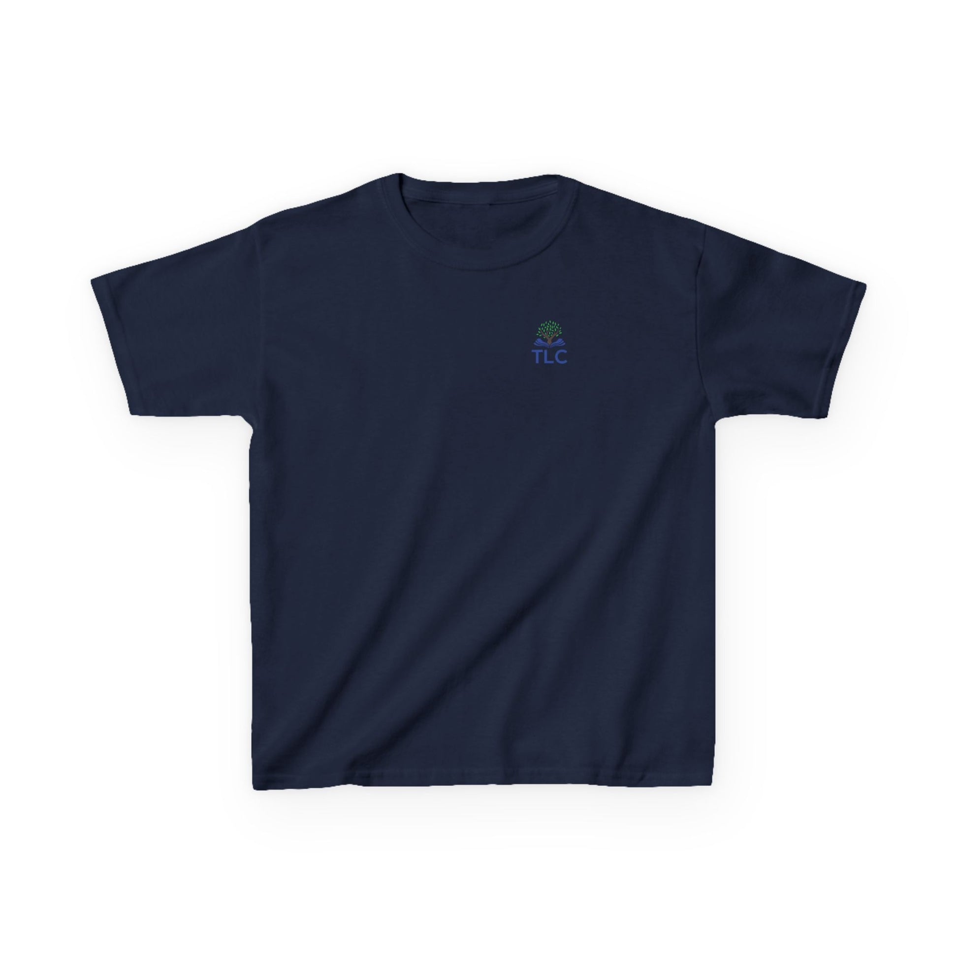 Navy blue t-shirt with a small logo on the chest against a white background