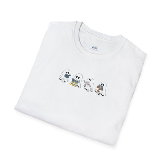 Folded white t-shirt with cartoon ghost design on a white background