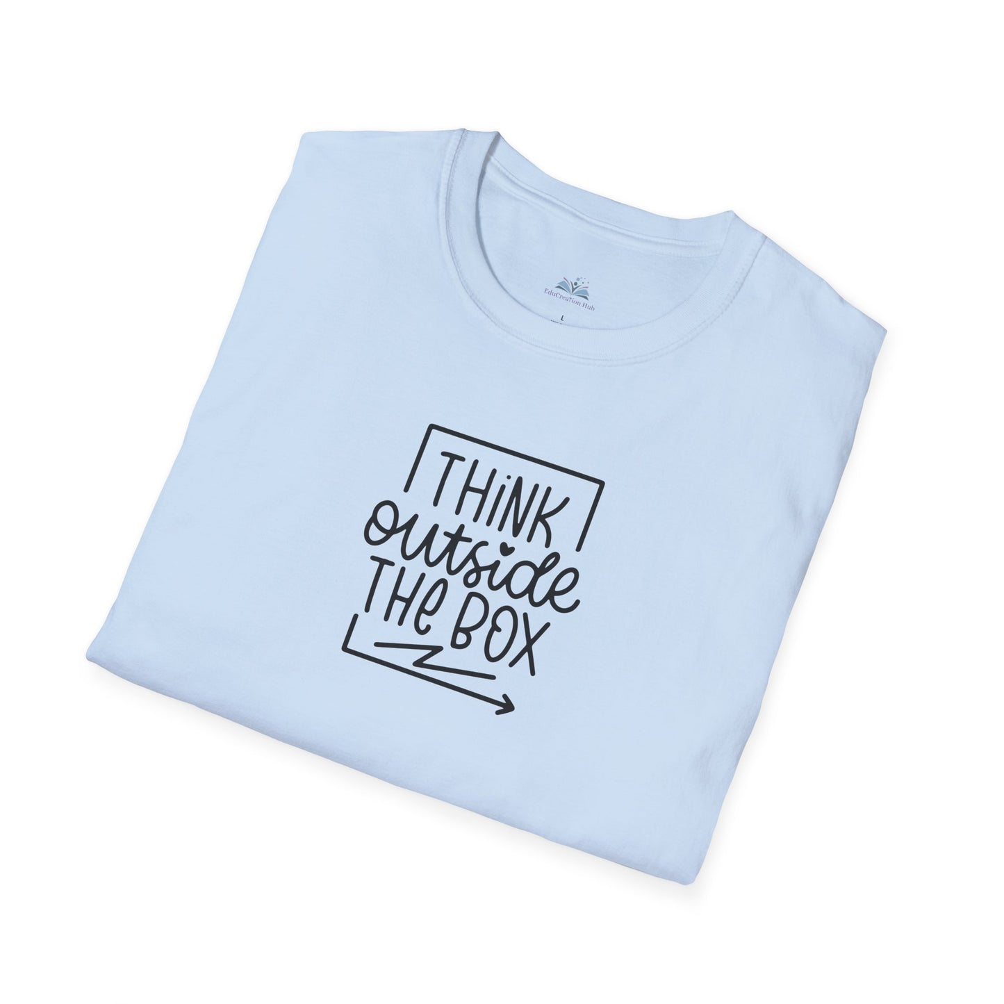 Light blue t-shirt with 'I think outside the box' text on a white background
