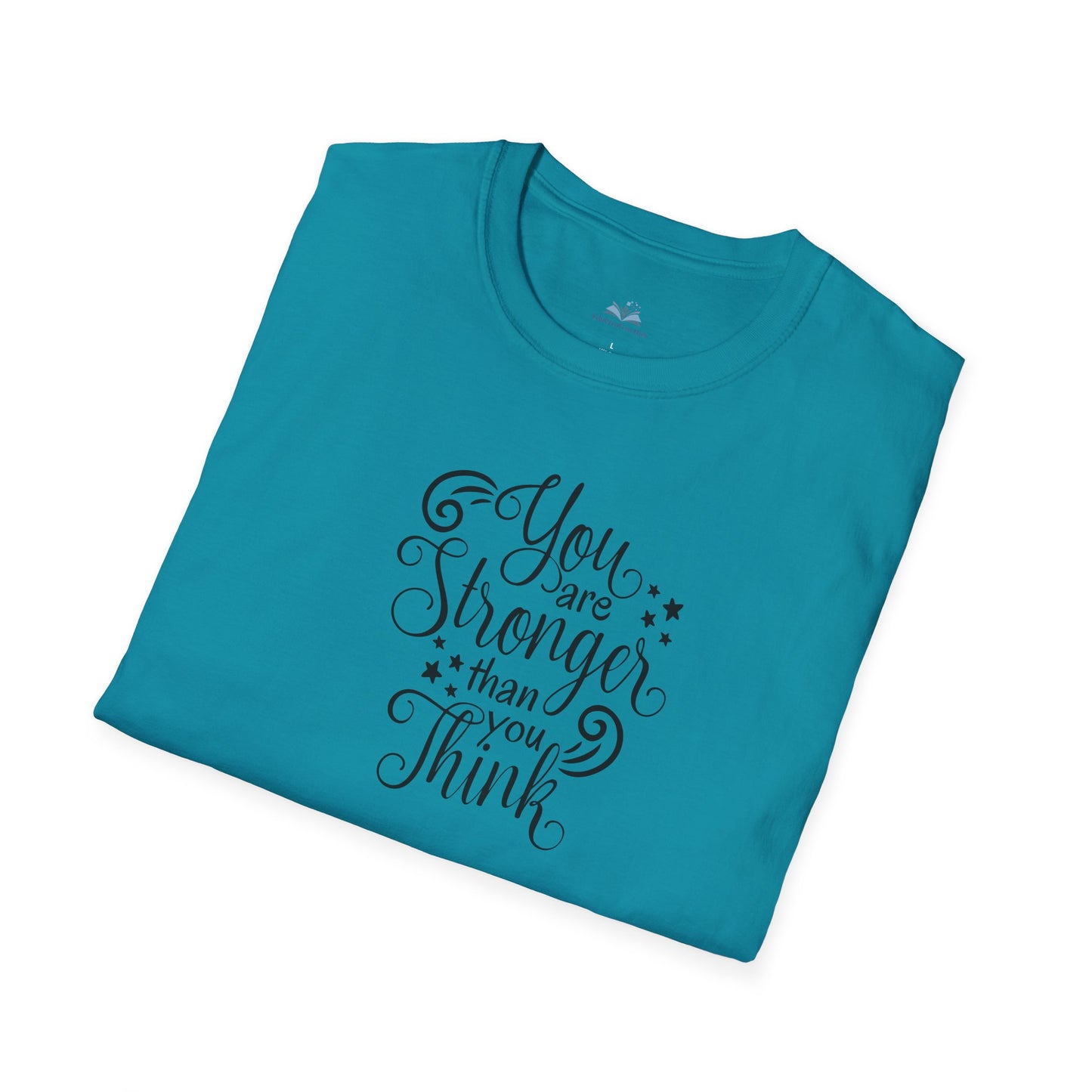 Folded teal t-shirt with motivational quote on a white background