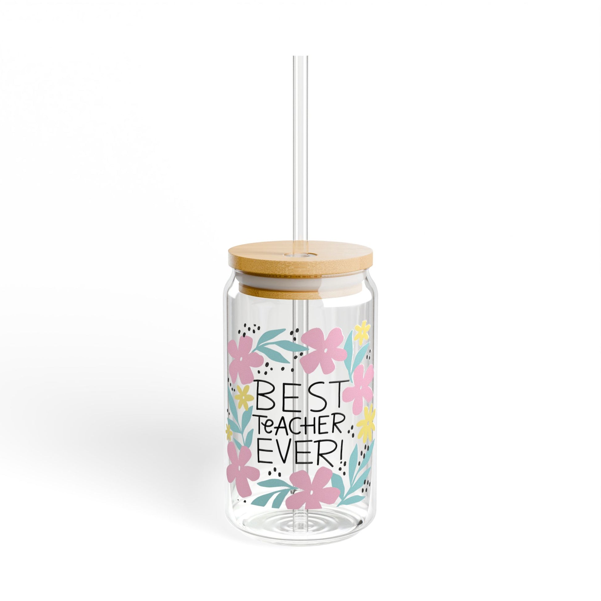 Clear tumbler with floral design and 'Best Teacher Ever!' text on a white background