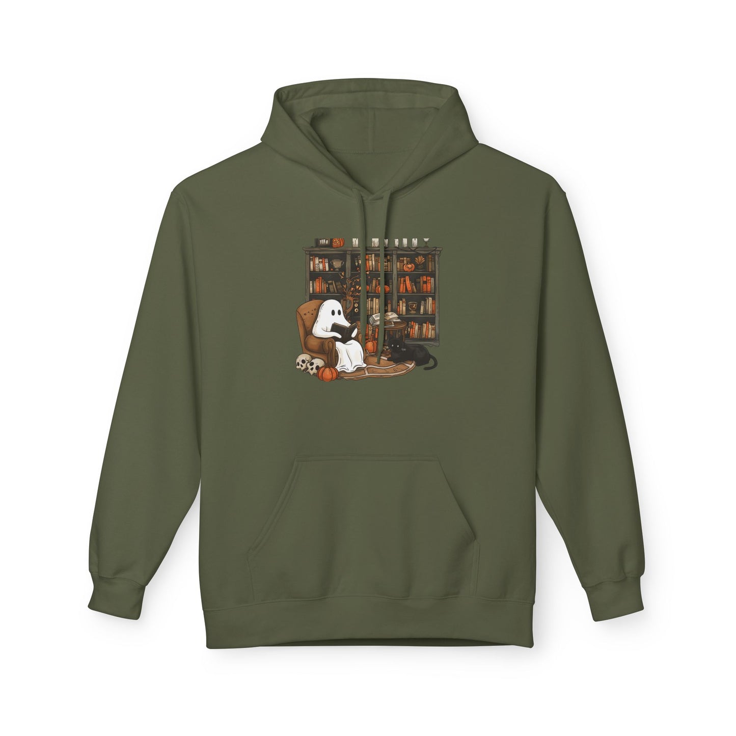 Green hoodie with a graphic of a ghost and dog in a library on a white background