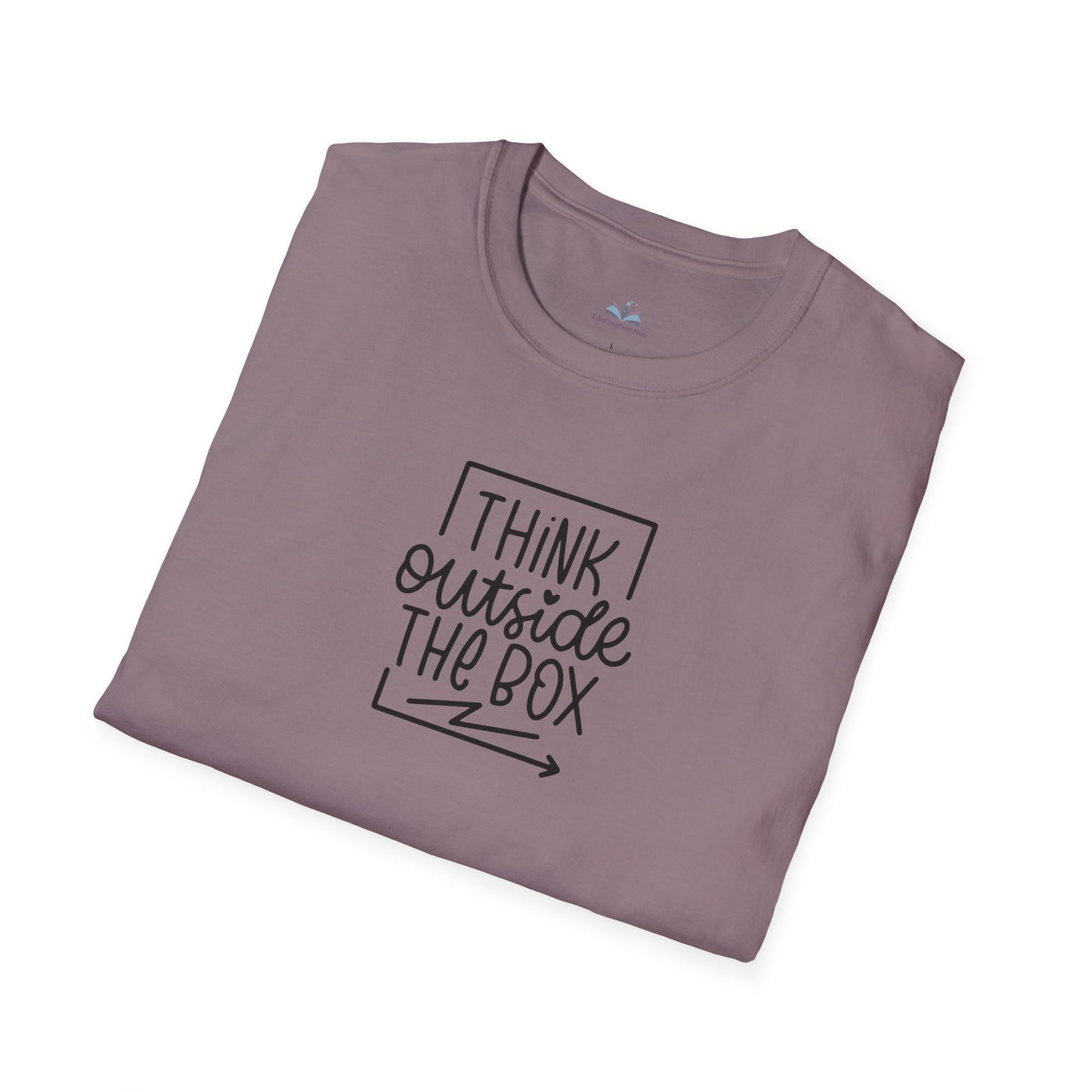 Folded purple t-shirt with 'I think outside the box' text on a white background