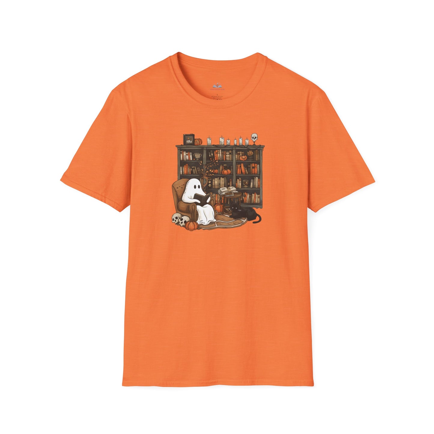 Orange t-shirt with a graphic of a ghost and dog in a library on a white background