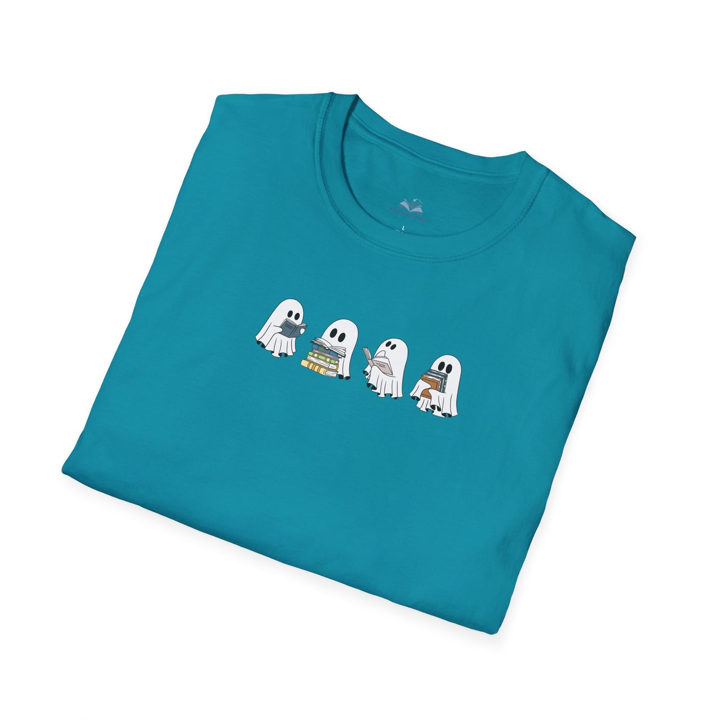 Folded teal t-shirt with cartoon ghosts design on a white background