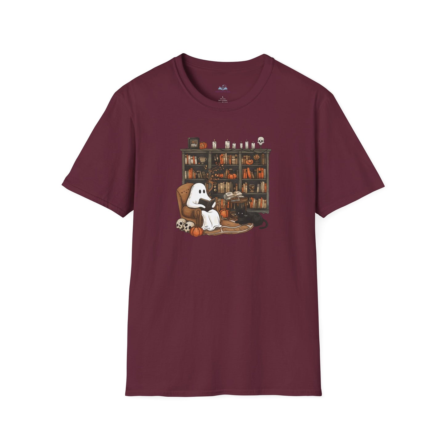 Maroon t-shirt with a graphic of a ghost and dog in a library on a white background