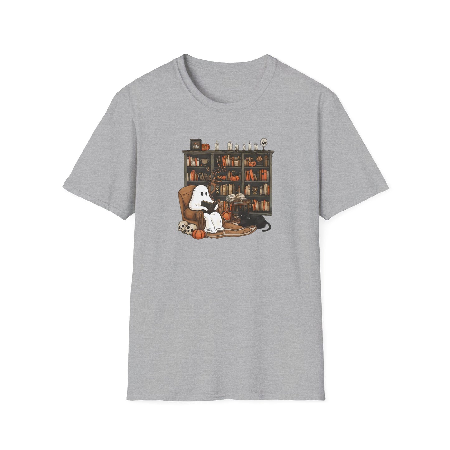 Gray t-shirt with a graphic of a ghost, cat, and books on a white background