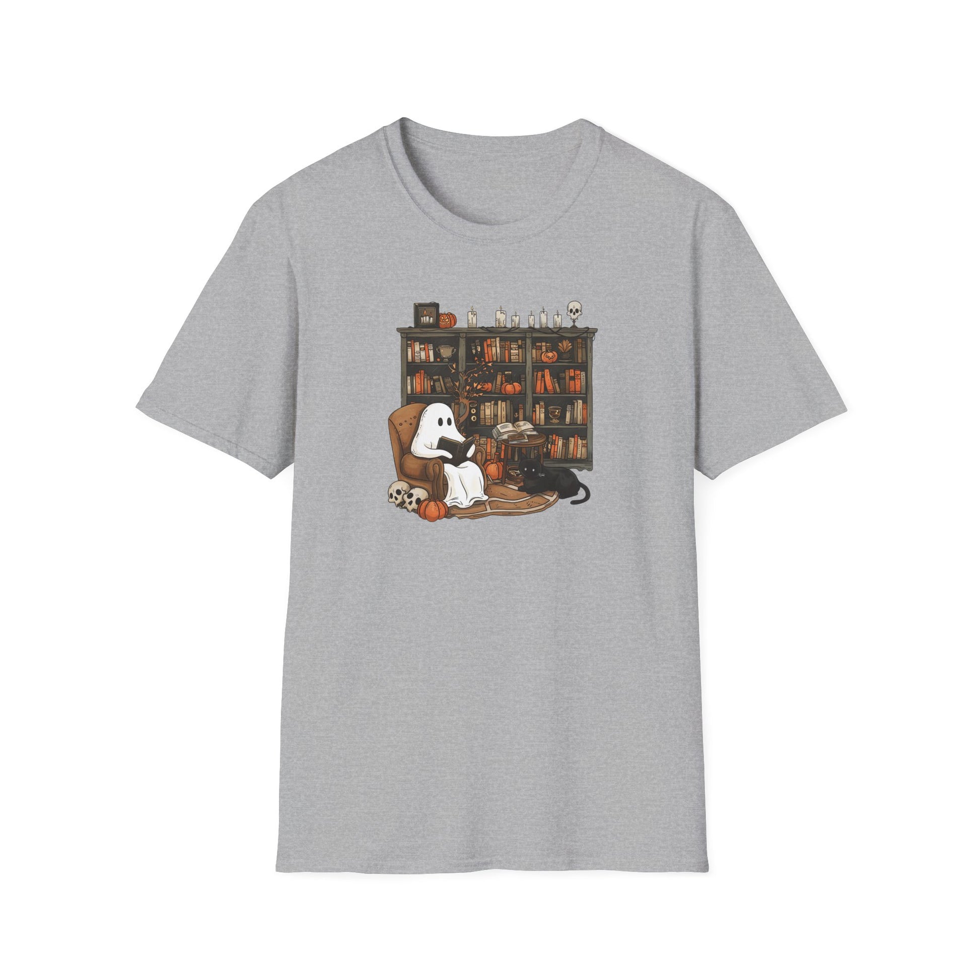 Gray t-shirt with a graphic of a ghost, cat, and books on a white background