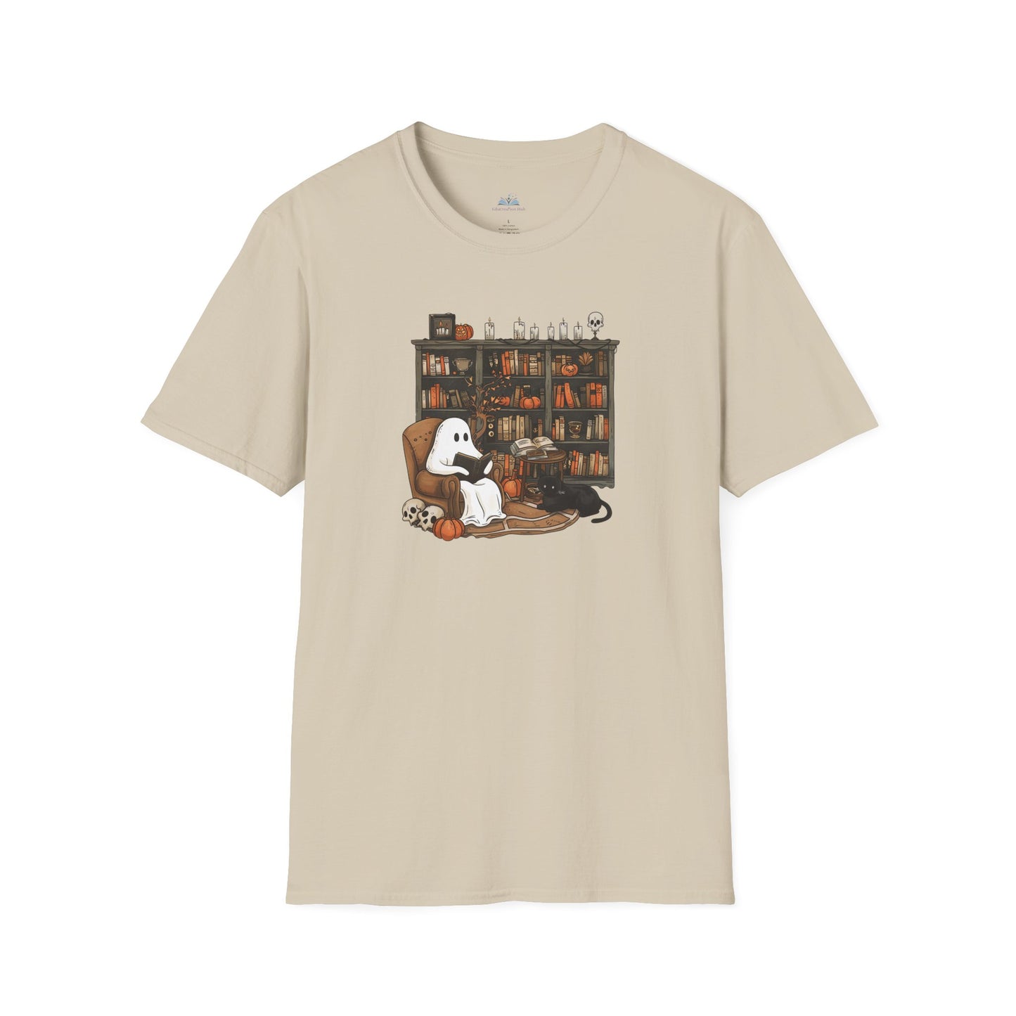 Beige t-shirt with a graphic of a ghost and black cat on a bookshelf.