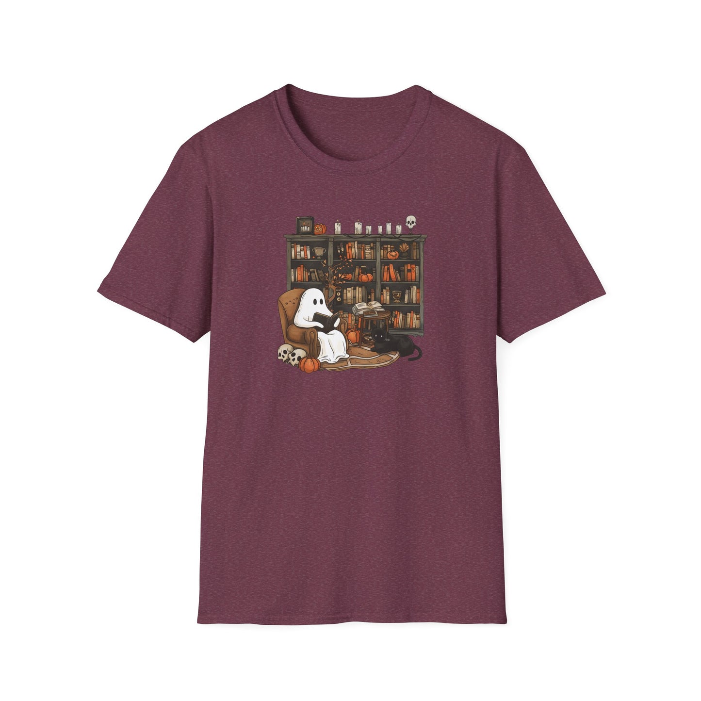 Maroon t-shirt with a graphic of a ghost, dog, and cat in a library on a white background