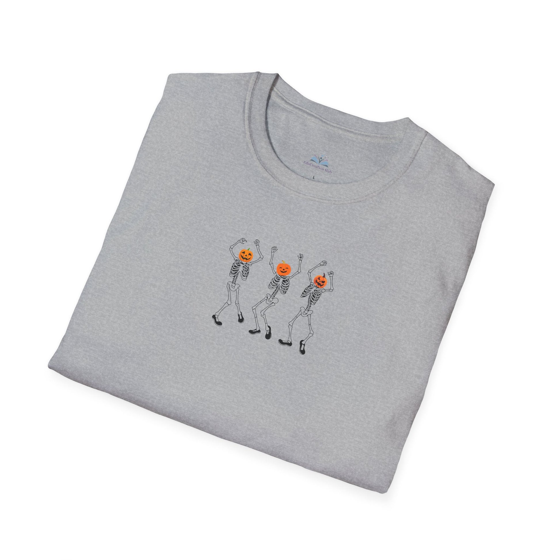 Folded gray t-shirt with skeleton design on a white background