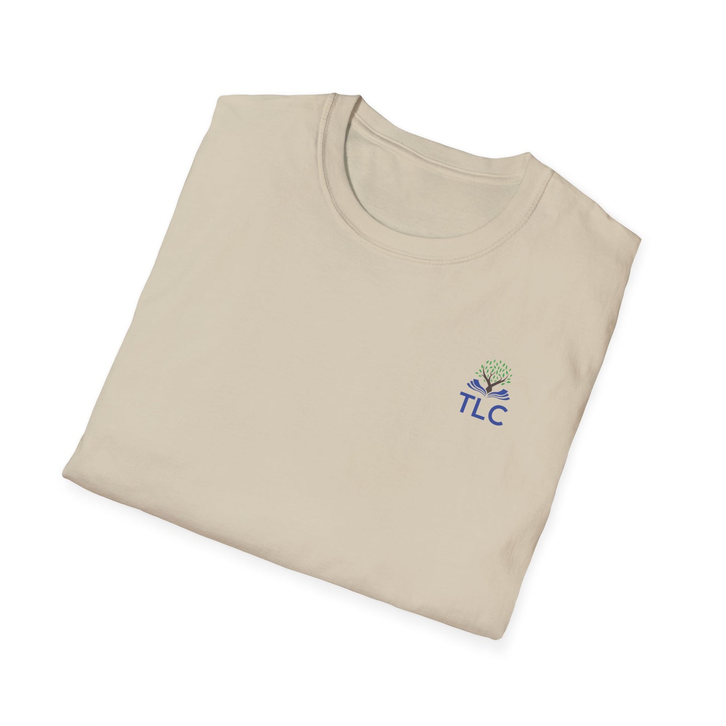 Folded beige t-shirt with 'TLC' logo on a white background