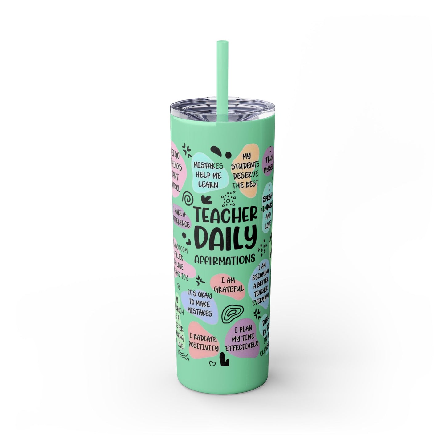 Green tumbler with teacher affirmations text on a white background