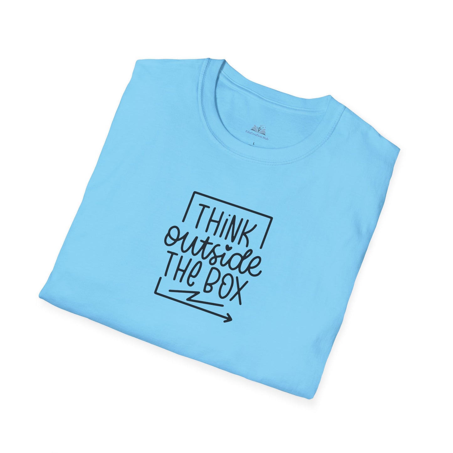 Light blue t-shirt with 'I think outside the box' text on a white background