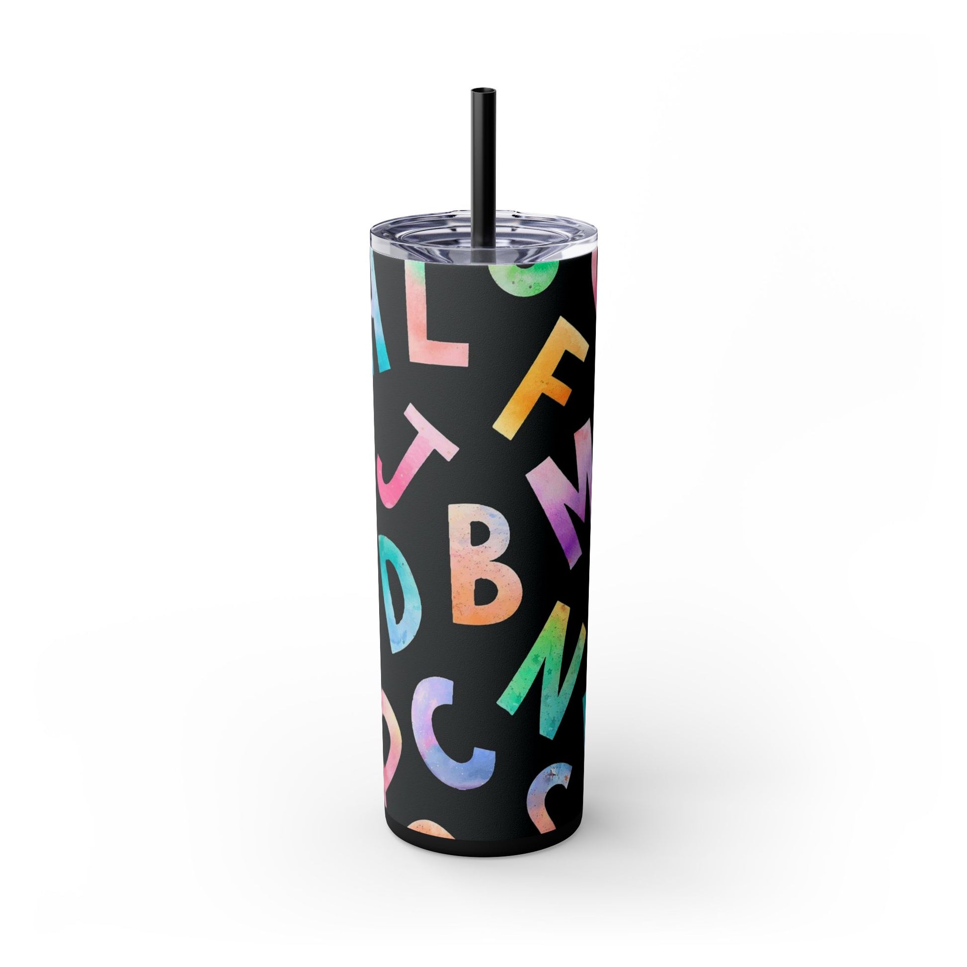 Tumbler with colorful letters on a black background