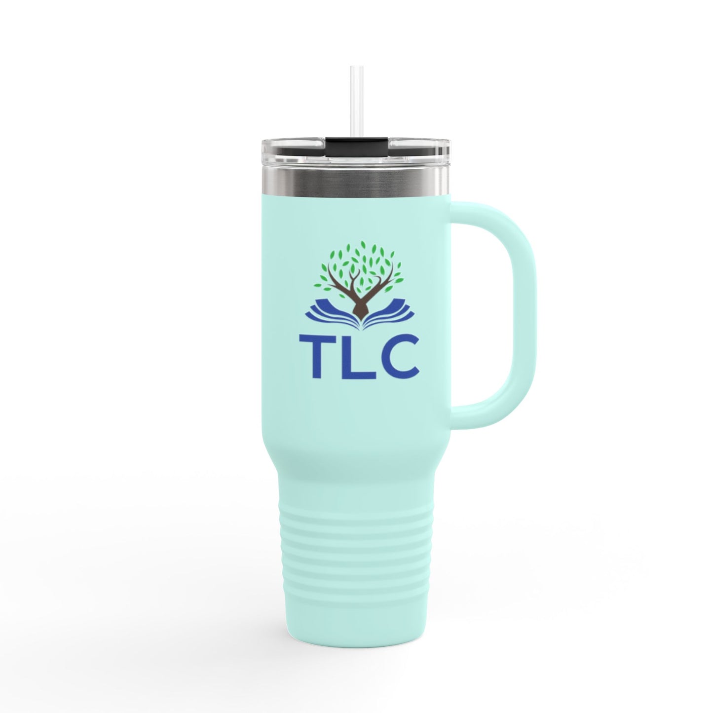 Mint green travel mug with TLC logo on a white background