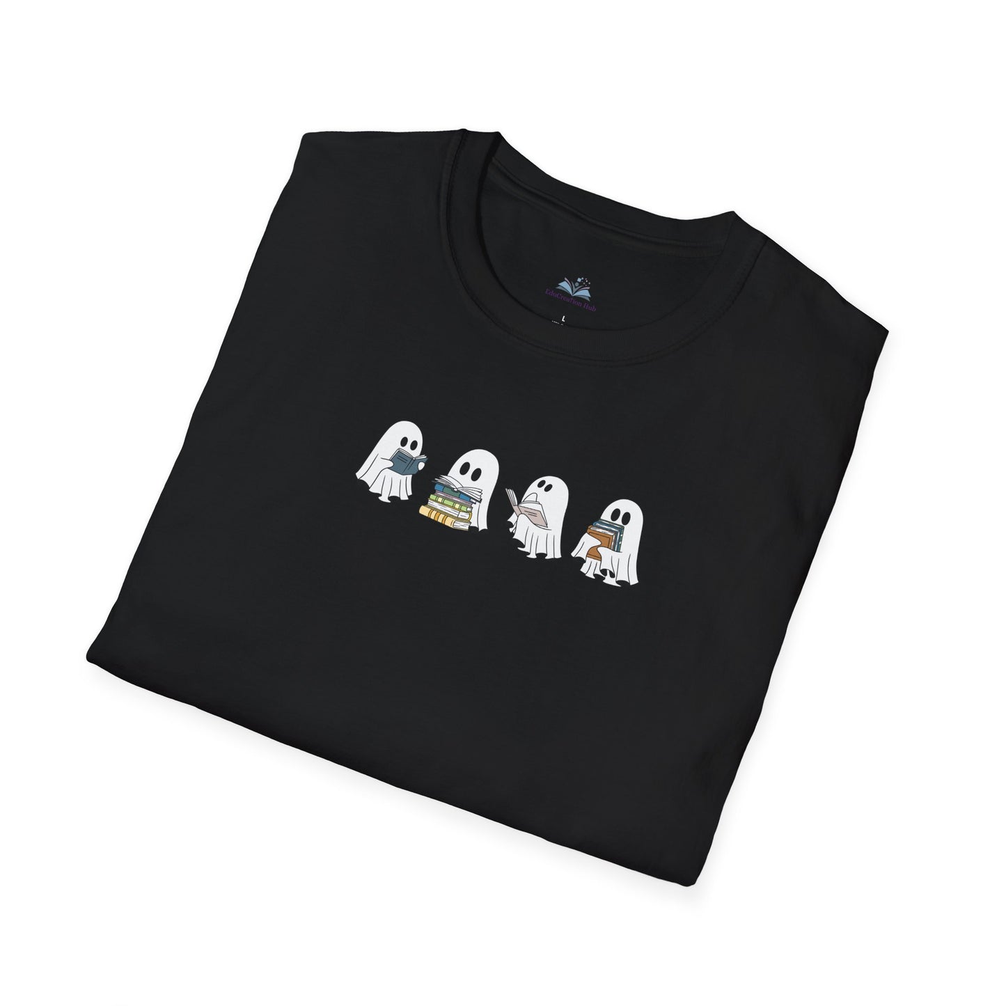 Folded black t-shirt with cartoon ghost design on a white background