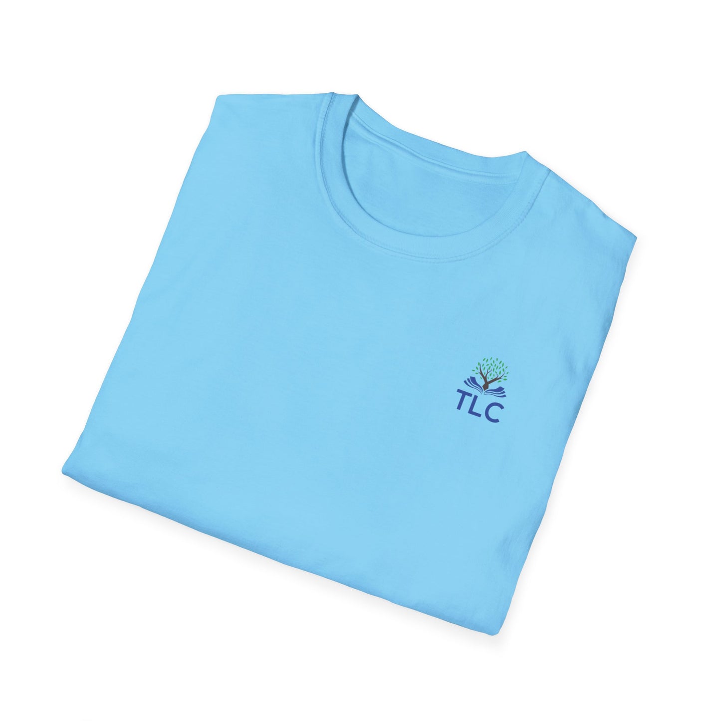 Folded light blue t-shirt with 'TLC' logo on a white background