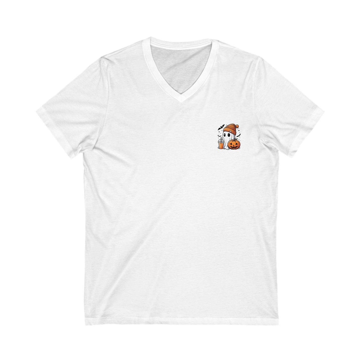 White t-shirt with a small graphic on the chest against a white background