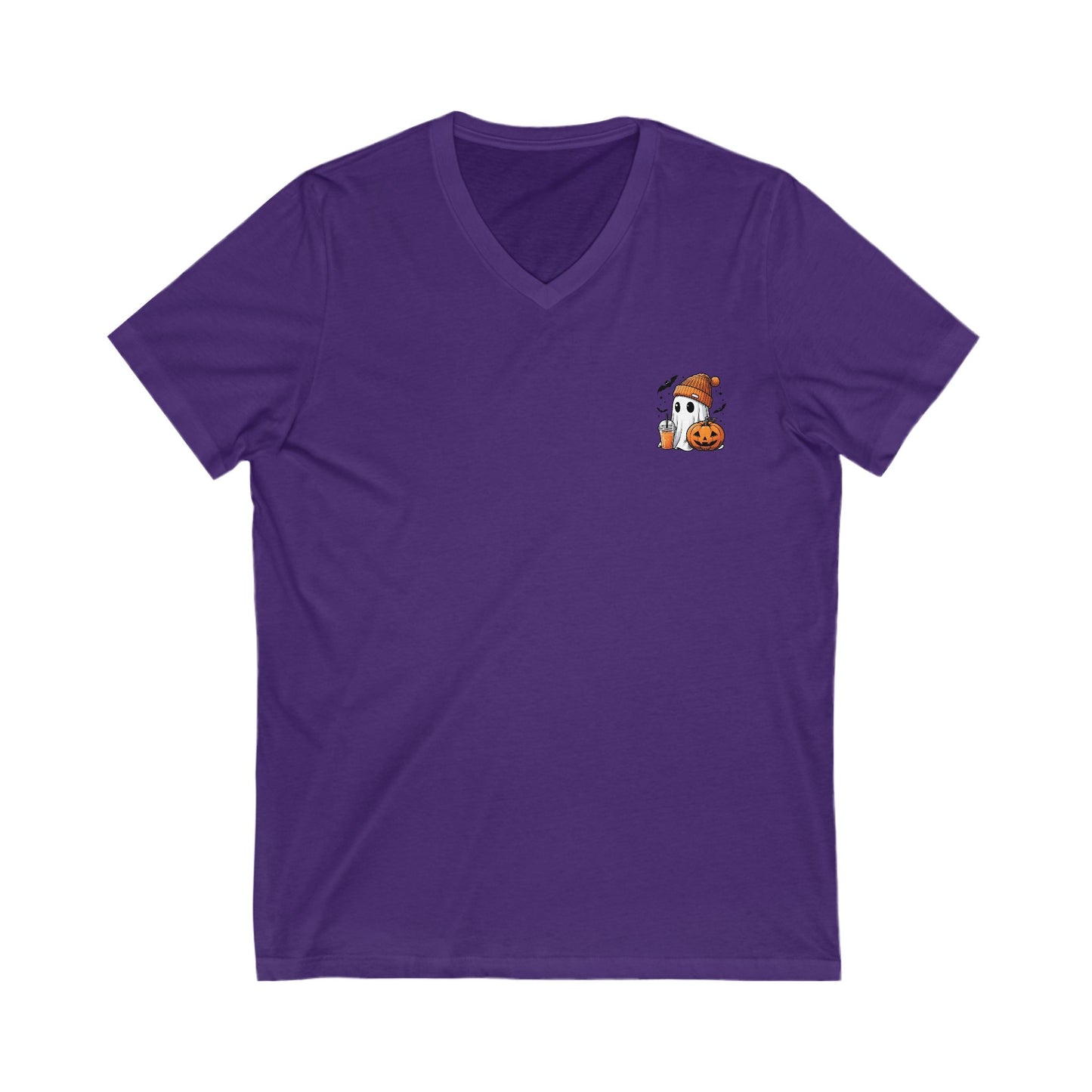 Purple t-shirt with a small dog and pumpkin graphic on a white background
